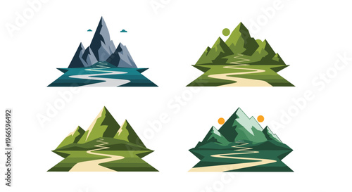 Set of four different geometric mountain landscapes with winding rivers and sun or moon in the sky for nature theme.