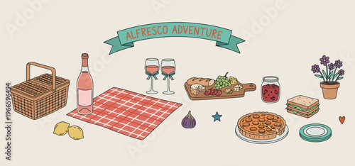 Alfresco adventure picnic, outdoor dining scene, wine and cheese, picnic blanket graphic, park leisure activities, summer date night, romantic food platter

