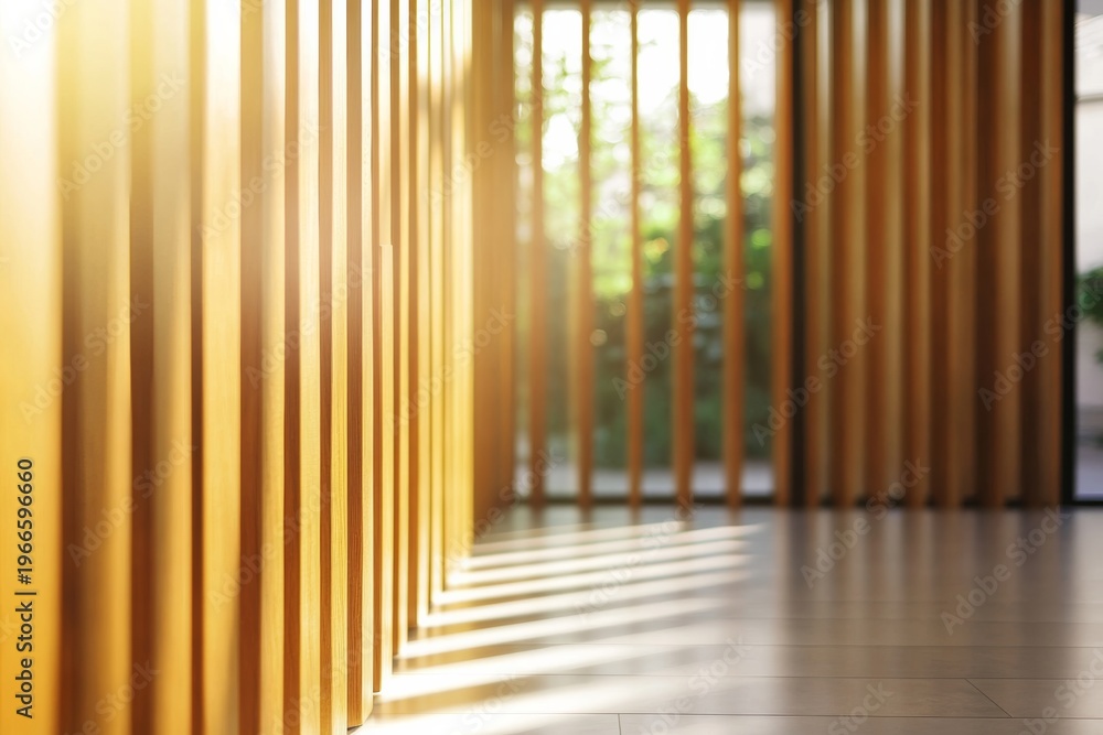 Obraz premium Sunlight streams through wooden slats in a modern interior space with a view of green plants outside