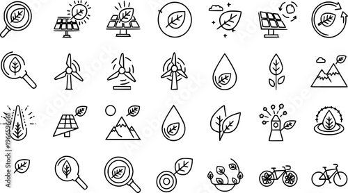 Outline Vector Graphic Icon Set Collection Representing Sustainable Ecology Renewable Energy Research Water Conservation Nature Elements and Eco Friendly Transportation Choices