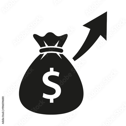 Black and white icon of a money bag with a dollar sign and an upward-pointing arrow, symbolizing financial growth and profit.