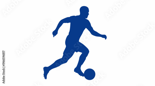 Blue soccer player silhouette dribbling a football on a white background