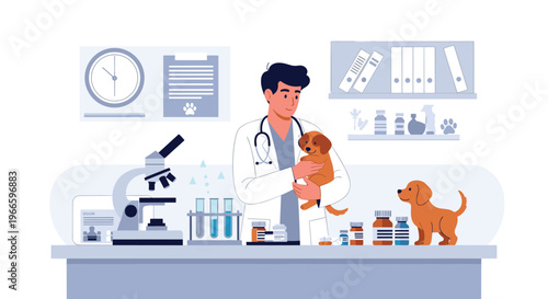 Friendly male veterinarian in a white lab coat holding a small brown puppy in a clinical setting with medical equipment and another dog.