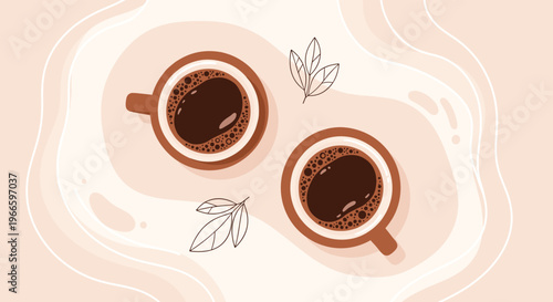 Minimalist top-down illustration of two brown cups of black coffee with foam sitting on a soft wavy beige background with small leaves.