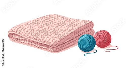 Cosy scene showing a folded pink knitted blanket next to two balls of yarn in blue and red colors on a white background.