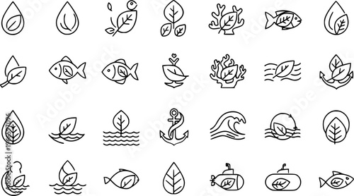 Set of Black Outline Minimalist Ecology and Nature Line Icons Representing Water Conservation, Marine Life, Plant Growth, and Sustainable Environmental Concepts for Web Design