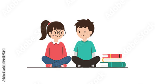 Cute illustration of a young boy and girl sitting cross-legged on the floor next to a stack of colorful books against white background.