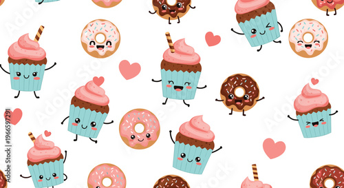 Adorable seamless pattern showing various kawaii cupcakes and donuts with happy faces and pink hearts on a white background.