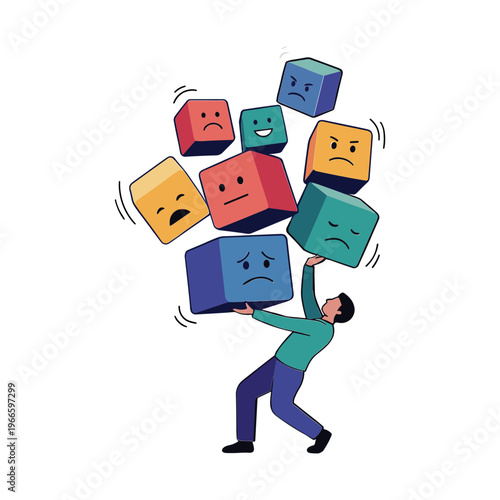 Man struggles to hold various colorful emotive blocks floating above him.