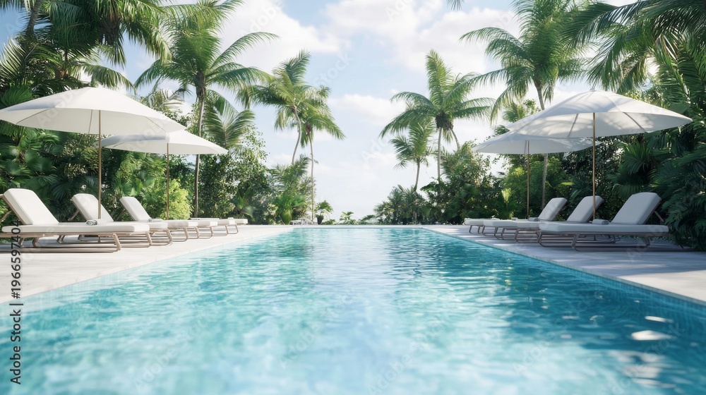 Fototapeta premium Sunny day at a tropical pool with loungers and umbrellas by palm trees