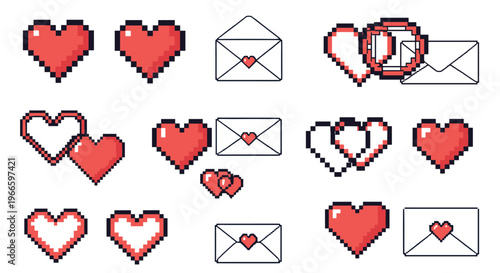 Collection of red pixel art hearts and letter envelopes with heart seals showing various combinations for love and messages.