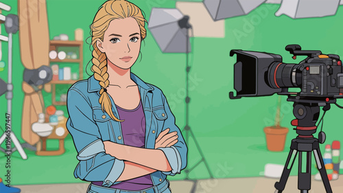 Portrait of a young woman with a camera in a studio during a video shoot in a green room setting