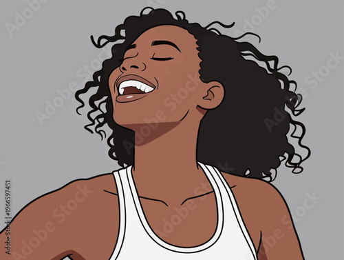 Woman with curly hair smiles happily against a gray background during daytime while wearing a white tank top