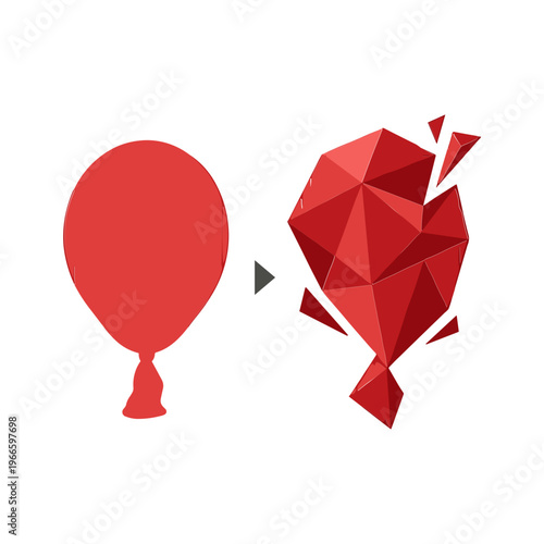 A red balloon transforms into a geometric broken heart shape.