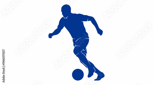 Dynamic blue silhouette of a soccer player dribbling a ball illustration