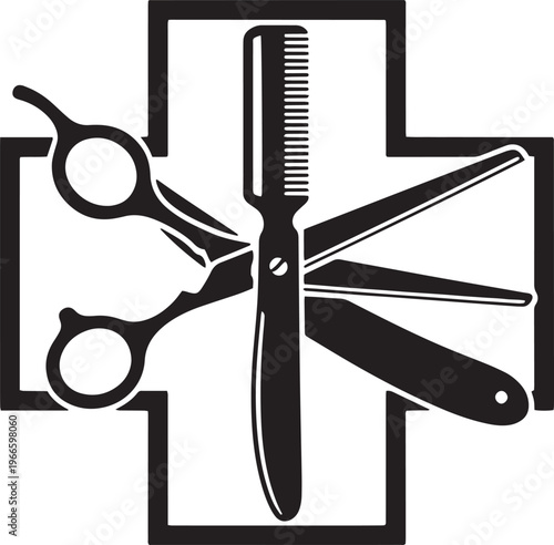 Barber shop tools cross symbol scissors razor comb haircut equipment.
