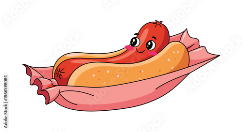 Cute cartoon hot dog character with a happy face lying inside a bun with a red and pink wrapper against a white background.