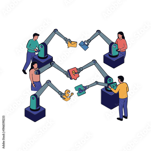 People interact with industrial robots in a factory setting daily.