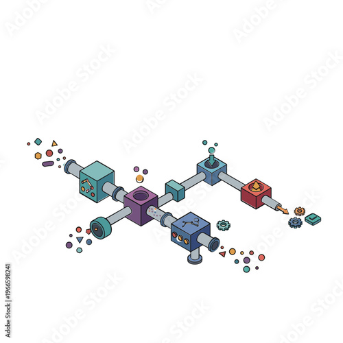 A futuristic industrial machine with colorful blocks and pipes emits vibrant particles in a technological environment from a side viewpoint.