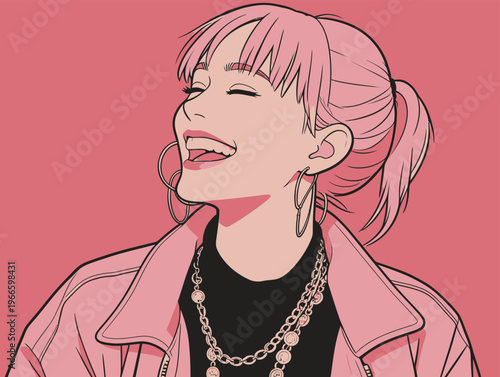 Young woman with pink hair smiles and enjoys herself in a bright setting during a casual moment