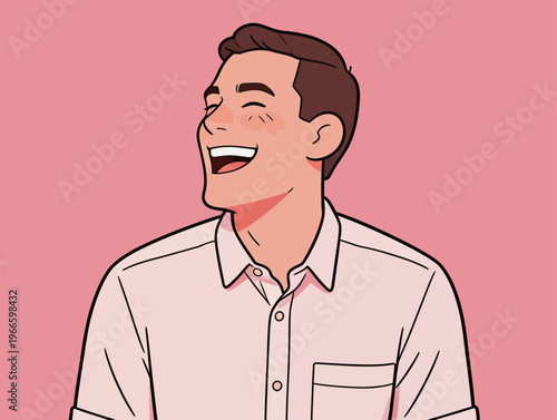 Young man smiles and laughs in front of a pink background during a casual moment with friends at a social gathering