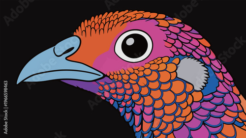 Colorful bird head illustration with bright details and a black background showing vibrant patterns and designs