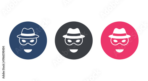 Colorful anonymous hacker icons with hats and sunglasses on circular backgrounds