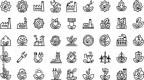 Collection of Simple Black Outline Vector Icons Energy, Sustainable Industry, Ecology, Green Technology, Factory Production, and Environmental Conservation Concepts for Web Design.