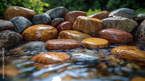 Close up Macro View of Wet Smooth River Rocks in Clear Shallow Water with Greenery Background