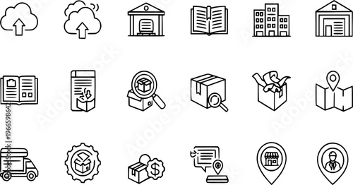 Black outline vector icons set illustrating various essential components for modern digital e-commerce logistics fulfillment tracking ordering and secure online shopping processes.