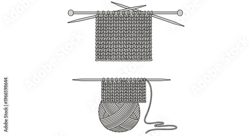 Set of knitting illustrations showing grey yarn being worked with needles including a ball of wool and completed fabric.