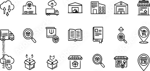 Outline Vector Graphic Icons Set Representing E Commerce Logistics Supply Chain Management Inventory Tracking Warehouse Store Operations Digital Cloud Data Flow