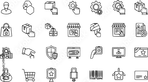 Outline Set of ECommerce Transaction Icons Representing Online Shopping Services, Digital Payment Security, Customer Loyalty Programs, Order Fulfillment, and Retail Storefront Interaction Graphics