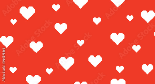 Red background covered in a pattern of white pixelated hearts of various sizes reminiscent of vintage video game graphics.
