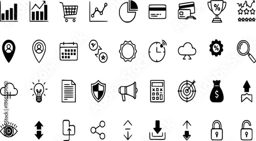 Collection of graphic design set featuring marketing, finance, analytics, shopping, and user interface symbols for web, mobile apps, and modern digital projects.