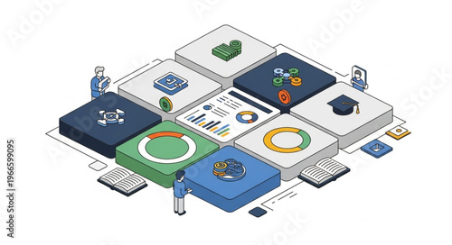 Isometric Illustration of Business and Education Concepts with Interconnected Blocks.