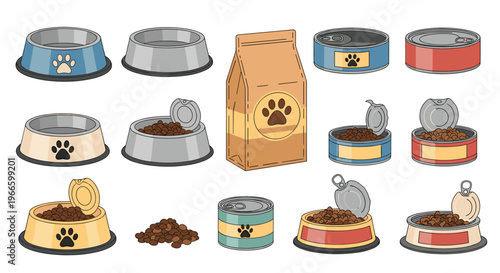 Collection of pet food items including dry kibble bags, cans, and bowls for dogs or cats in various colors and stages.