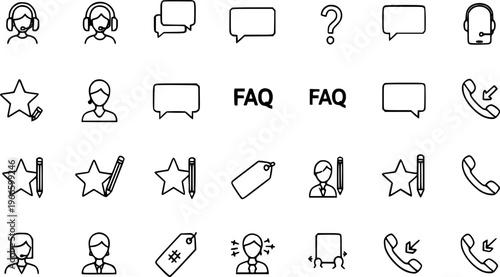 Customer Support Icon Set Featuring Headset Agents, Chat Bubbles, FAQ Messages, Call Back Symbols, Question Marks, Rating Stars, and Help Desk Tags for Service Interface Design