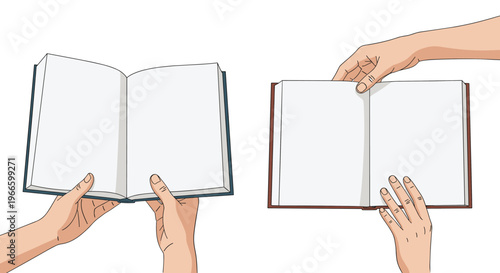 Multiple views of human hands holding open books with blank white pages for reading or study concepts on a white base.