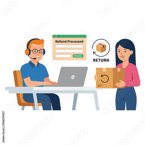 Customer service representative processes refund for woman returning package