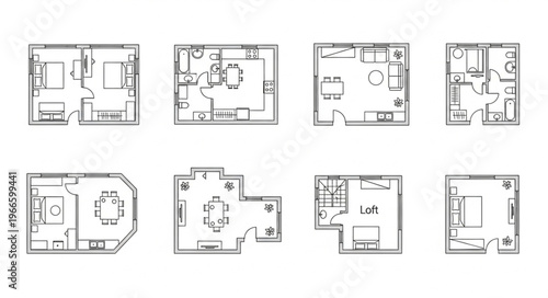 Collection of Apartment Floor Plans for Real Estate Visualization.