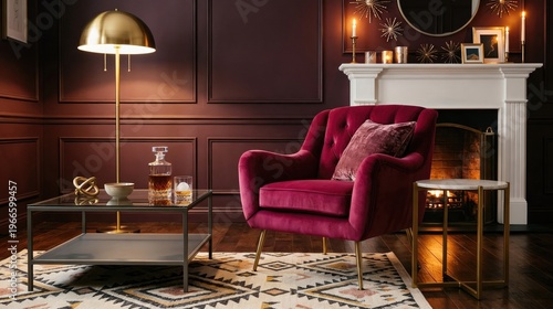 Deep burgundy velvet armchair in cozy library lounge with gold accents, plush seating nook, warm fireplace hearth, dark moody interior.