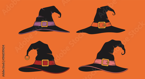 Four black pointed witch hats with different colored bands and buckles for Halloween costume and decoration ideas.