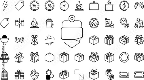Collection of Various Black Outline Marketing Icons Representing Special Offers, Discounts, Percentage Sales, Time Sensitive Deals, Buy One Get One promotions, and Gift Package Delivery Concepts
