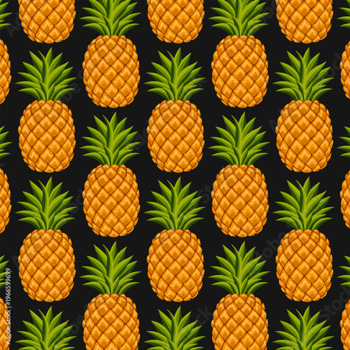 Pineapple Pattern on Black Background Tropical Fruit Vector Repeat Design