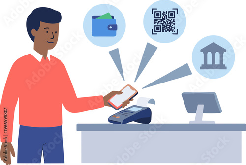 Man uses mobile phone for contactless payment at store checkout counter