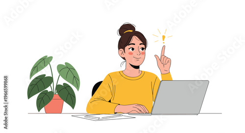 Cheerful woman with black hair in a bun points her finger up as a lightbulb exclamation mark appears over her head.