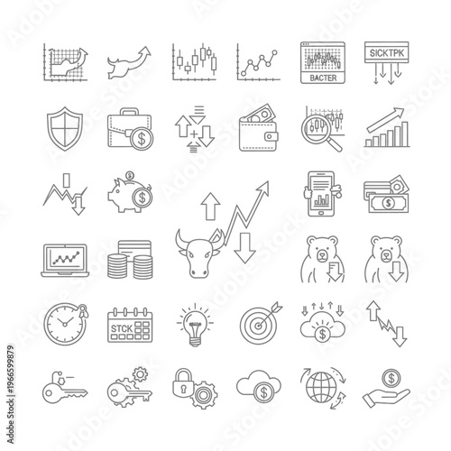Collection of finance, investment, and stock market line icons representing business trends, security, and financial analysis concepts.