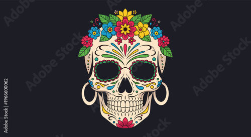 Detailed colorful sugar skull decorated with flowers and traditional Mexican patterns for the Day of the Dead celebration.