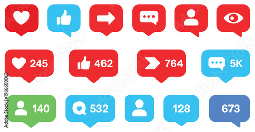 Social media notification icon set featuring alert badges, message indicators, and modern interface symbols ideal for apps, digital dashboards, communication platforms